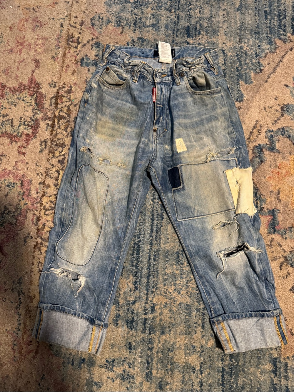 DSQUARED2 Distressed Blue Multi Patch Cropped Big Brother Jeans